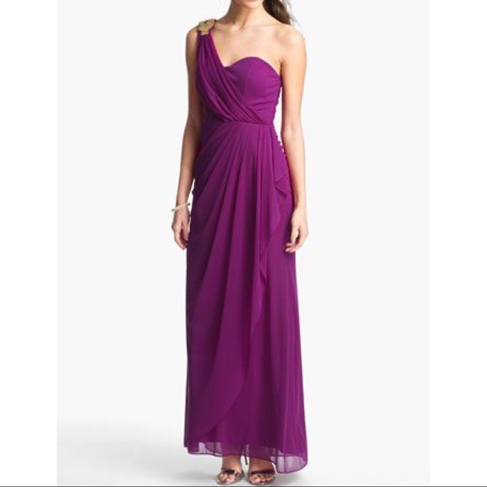 One Shoulder Long Magenta Prom Dress w/ Brooch